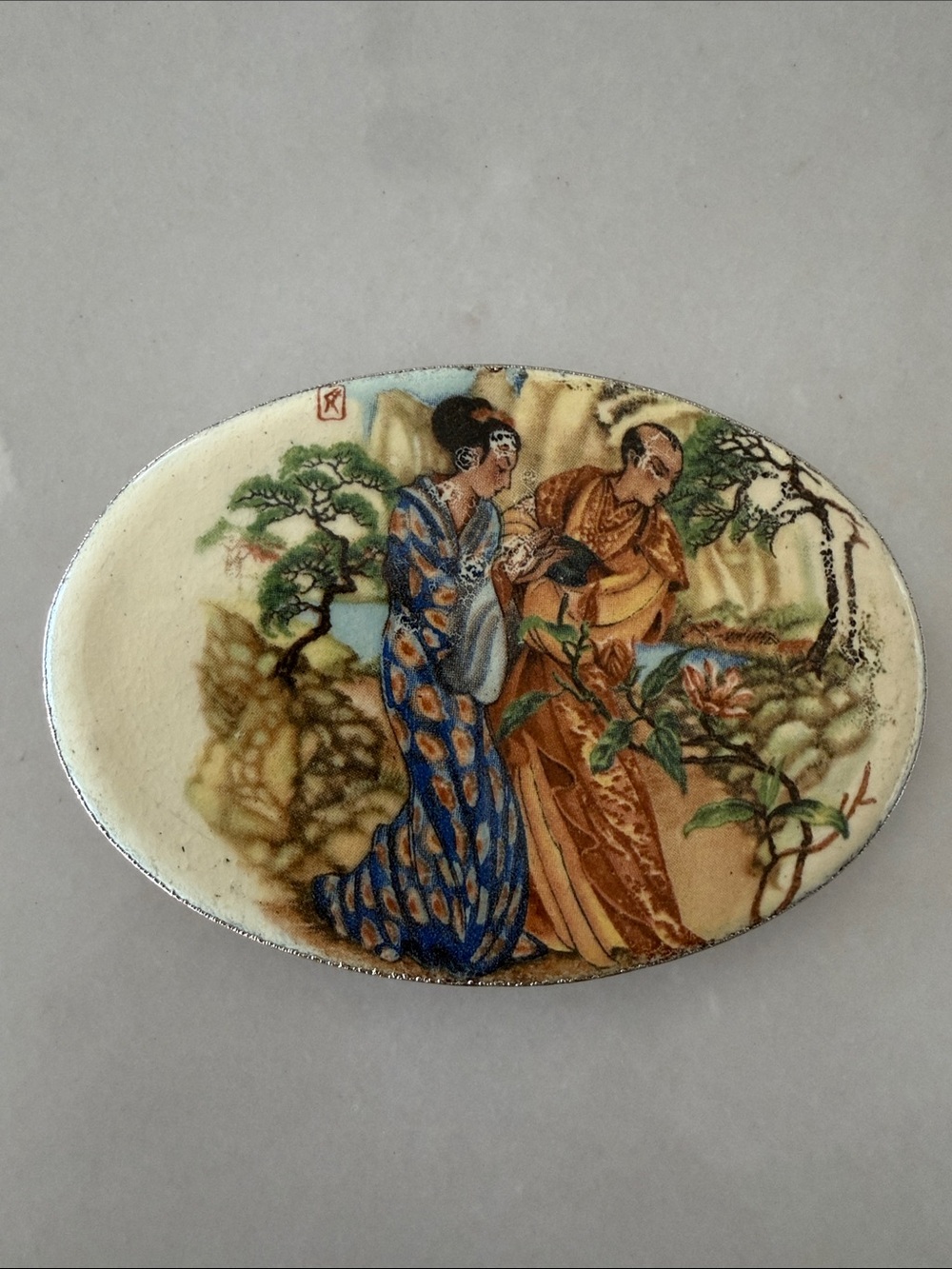 Vintage Japanese Satsuma Style Porcelain Belt Buckle Plaque